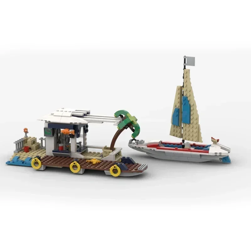 Klocki konstrukcyjne Moc, model ulicy z molo i żaglówką, klocki techniczne, zabawka do samodzielnego montażu, prezent dla dziecka na święta.