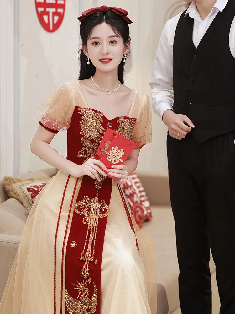 Robe de mariée chinoise en maille de luxe pour femme, robe de mariée, Cheongsams Qipao élégant, paillettes appliquées, pompon, robe éducative, F. C.