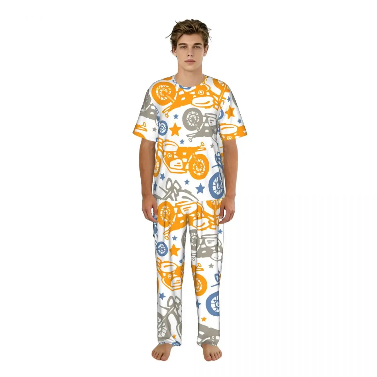 

Men Pajamas Set Funny Motorcycles Drawings Short Sleeve Spring Summer Lounge Sleepwear Male Nightwear