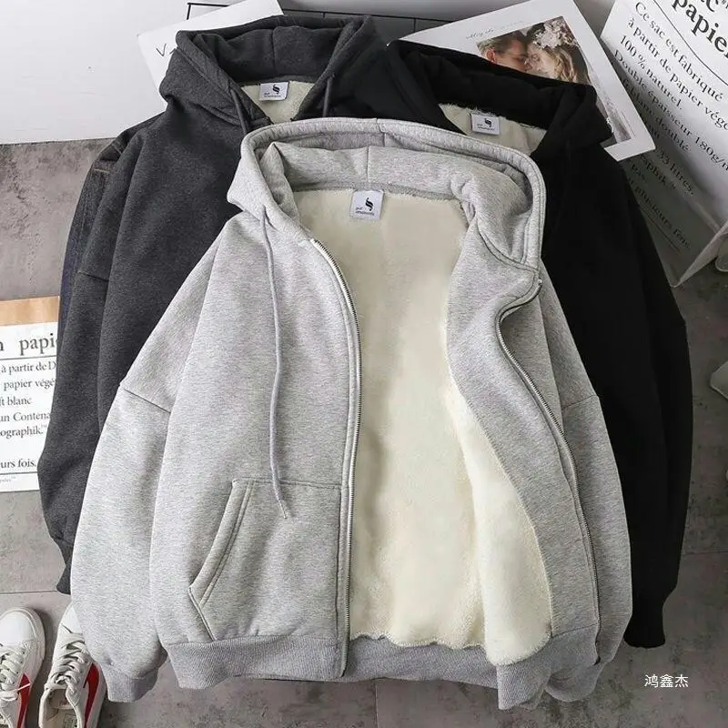 

Autumn and Winter Fleece Thickened Hooded Cardigan Sweater Men's Casual New Ins Warm Solid Color Zipper Jacket Top