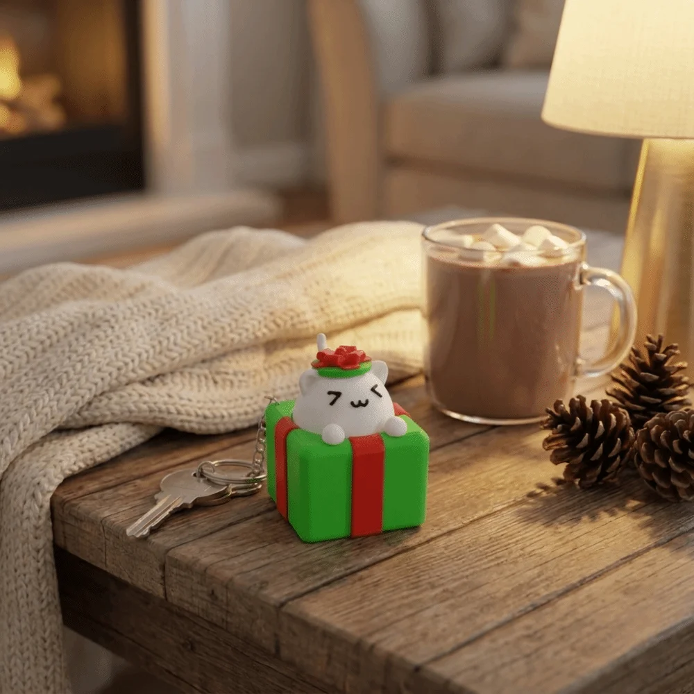 3D Printed Christmas Clicker Keychain Gift Box Shape Cute Button Press Key Ring Cat Kawaii Style Fidget Bag Cat Keychain