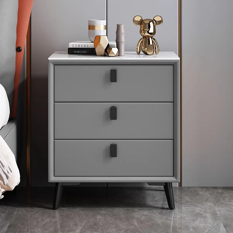 Modern Style Solid Wood Nightstands with 3 Drawers Leather Bedside Table Sintered Stone Top Side Storage Cabinet for Bedroom