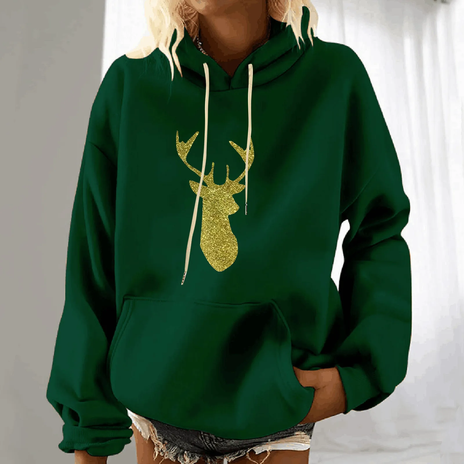 

Sweater Leggings Women Ladies O Neck Pocket Long Sleeve Christmas Hoodie Print Drawstring Shirt Women Long Fleece Sweater