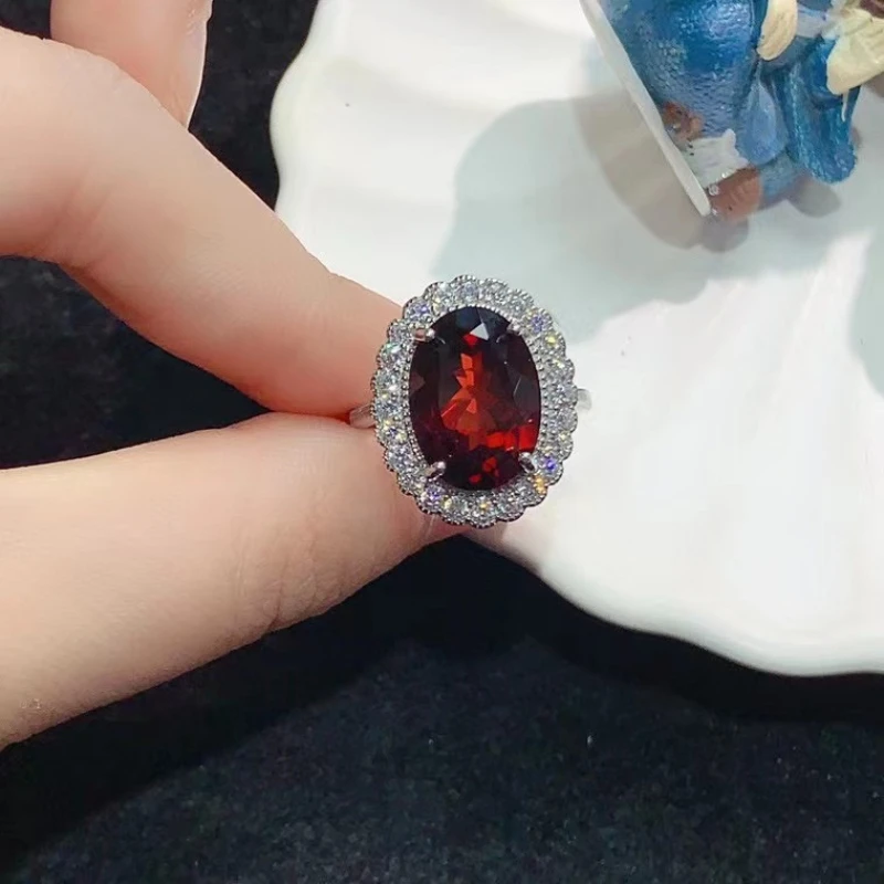 Classic Natural Garnet Ring for Engagement 10mm*14mm 6ct Genuine Garnet 925 Silver Ring with 18K Gold Plating