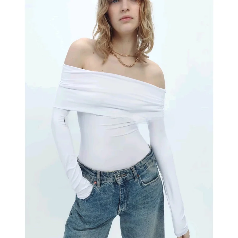 Autumn Women's Casual Nylon One-Piece oulder Bared Long Sve Jumpsuit High Waist Straight Leg Long Pant High Polyester Co...
