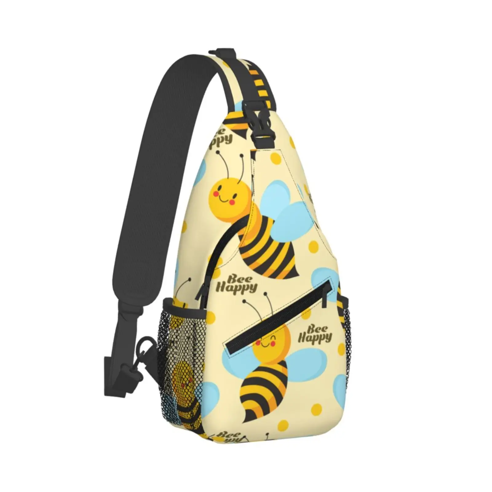 Happy Cute Bee Print Sling Bag Casual Crossbody Backpack Travel Hiking Daypack Lightweight Chest Purse Fashion Shoulder Bags