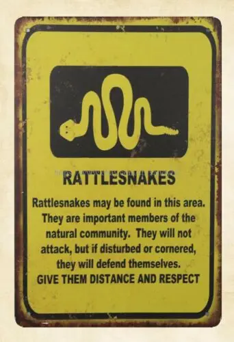 outdoor art work Rattlesnakes may be found in this area metal tin sign