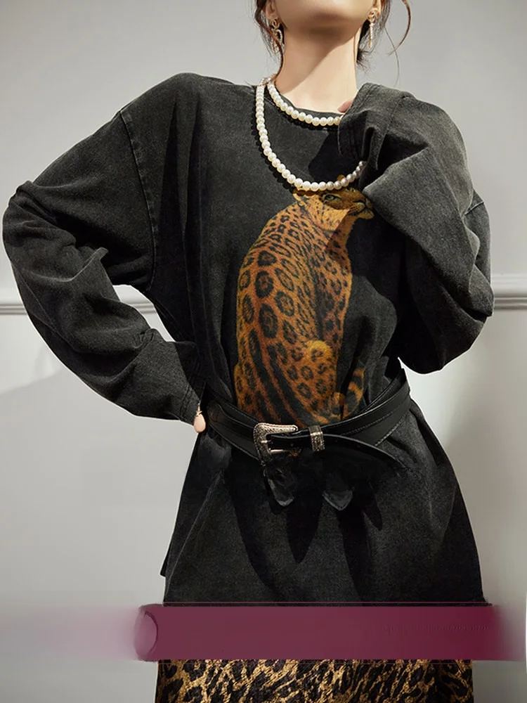 

Bla Long Sve T-irt Women's Retro Sle Slimming Print Uncle Loose Fit round Ne Animal Patterned Top