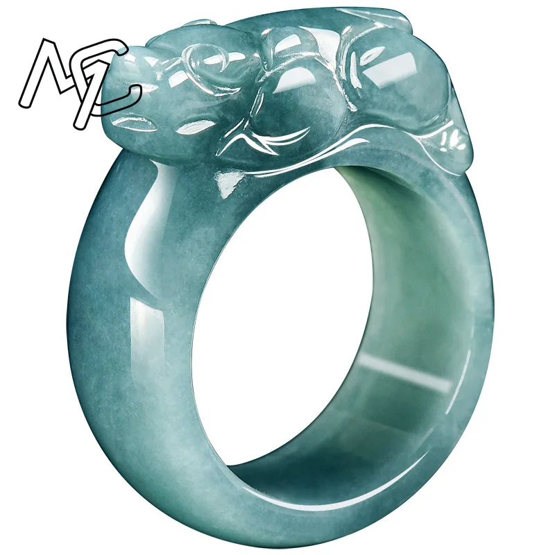 Real Natural Ice Seed Blue Water Jade Pixiu 17-22mm Ring Carved Charm Jadeite Jewelry Fashion Amulet Gifts for Men Women view 5
