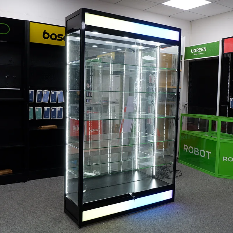 

Colored light glass display cabinet with LED running water light aluminum alloy frame tobacco shop display cabinet