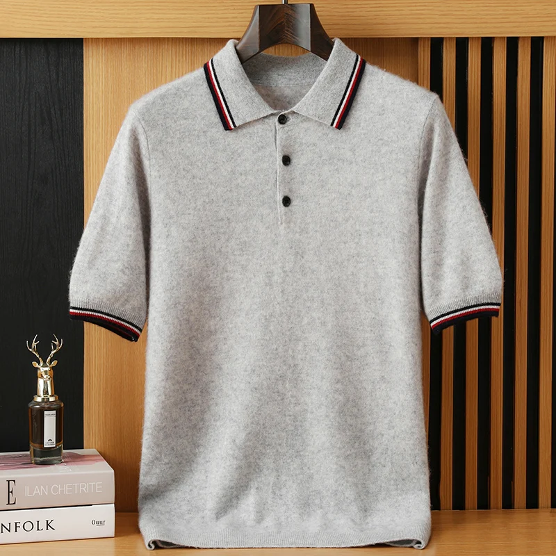 

Men's POLO Collar Knitted Short Sleeved 100% Cashmere Contrasting T-Shirt Spring and Autumn New Sweater Casual Loose Men's Tops.