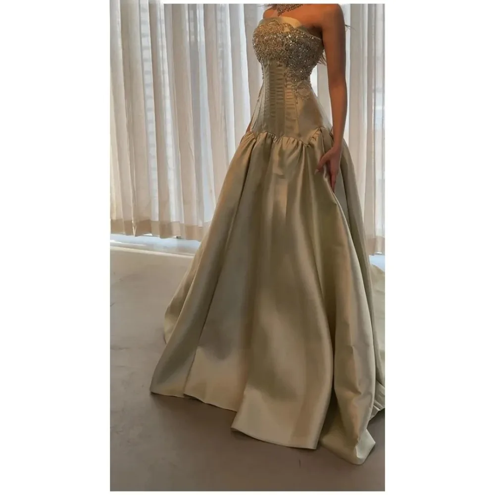 Customized Elegant Extravagant Sparkling Champagne Gold Strapless Wedding Dresses Corset Satin Temperament Charming Bride Gown