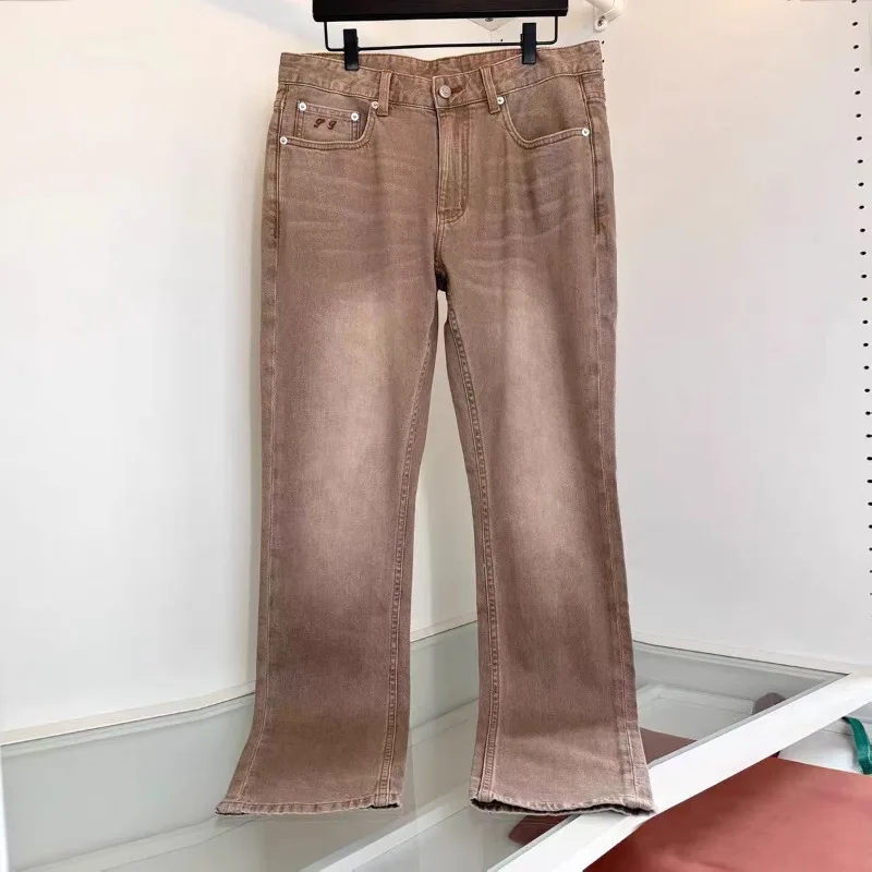 

2026ss New Style Luxury High-End Dark Brown Washed Plain Cardigan Denim Pants for Men Straight Fit