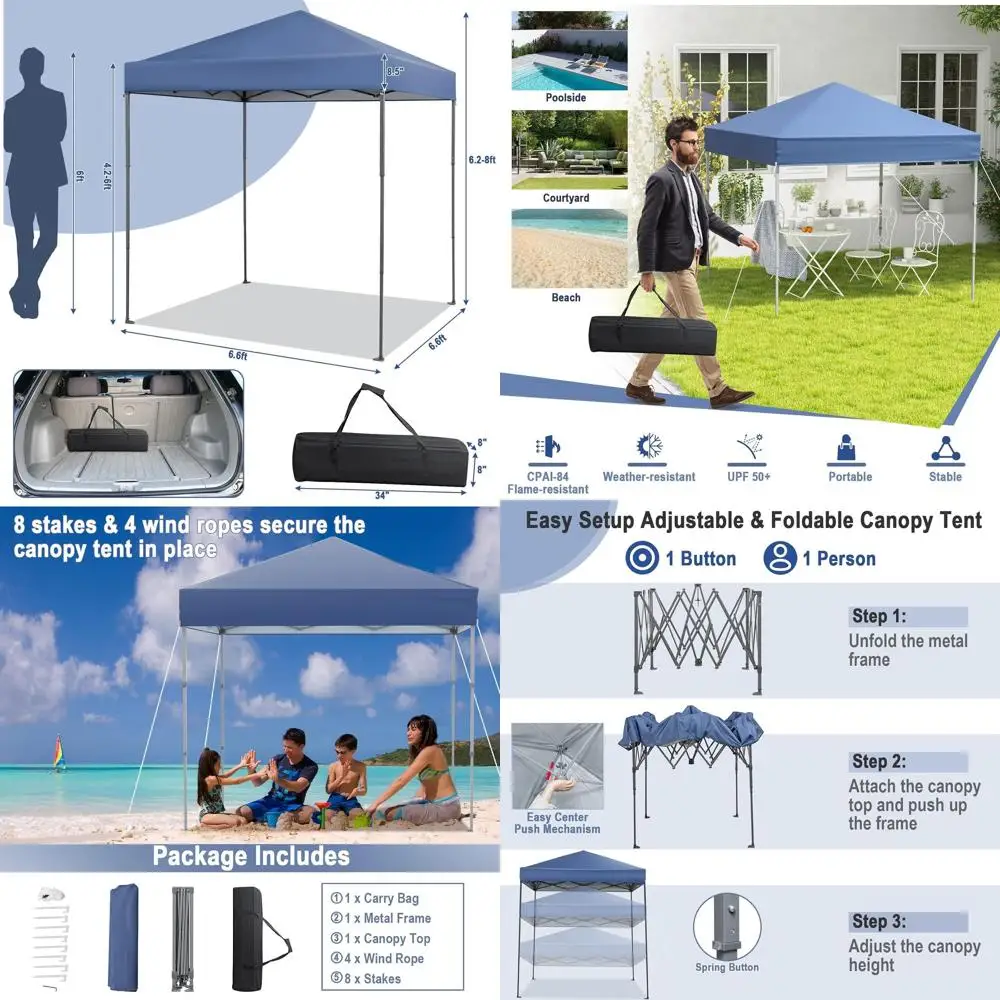 

Quick Setup 6.6x6.6 Ft Canopy Tent, 1 Person Portable Outdoor Shelter with UPF 50+, Center Lock, 8 Stakes, 4 Ropes, Carry Bag In