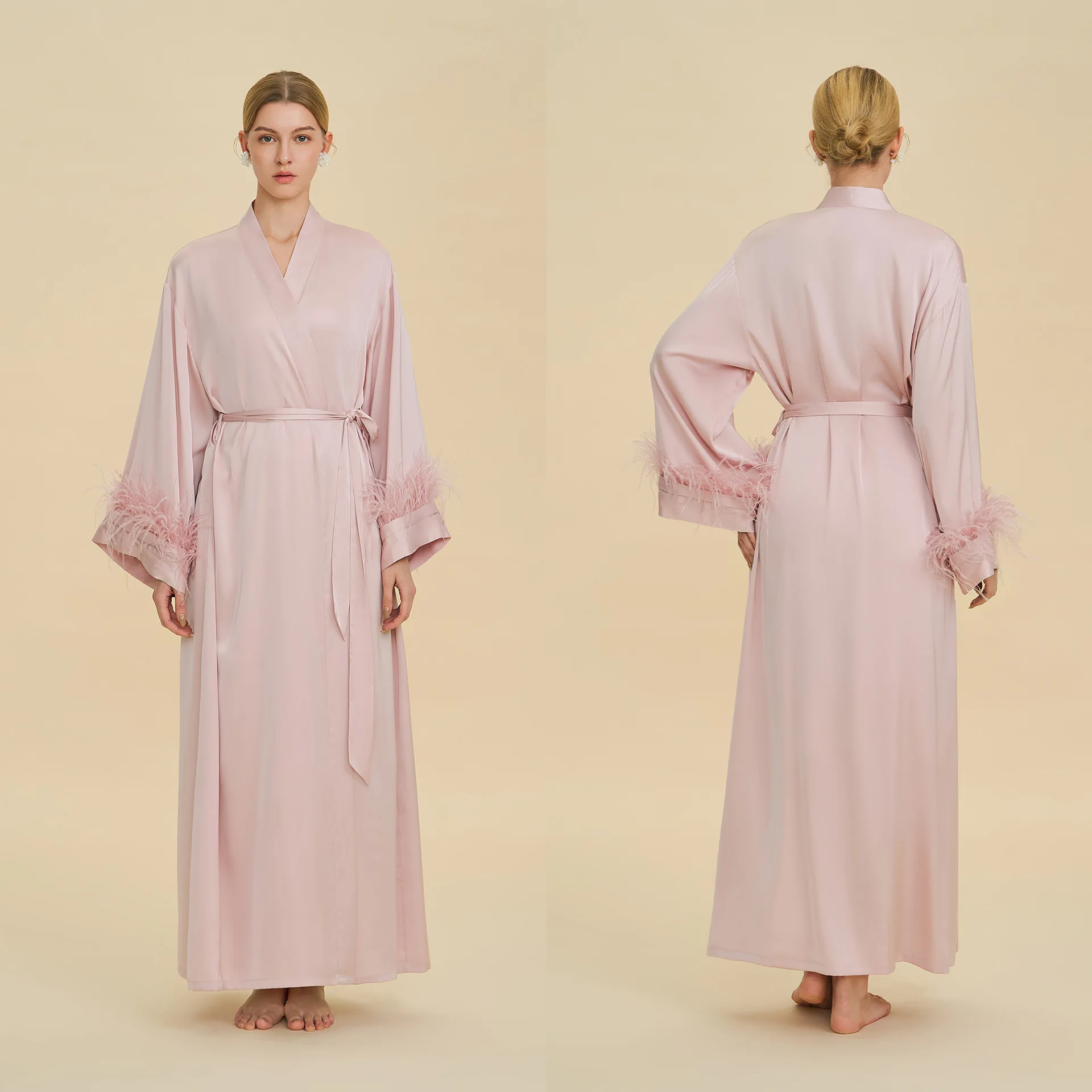 Pink Feather Trim Robes Satin Feather Bridal Party Pink Boudoir Bridesmaid Robe Trendy Kimono Silk Wedding Long Dressing Gown