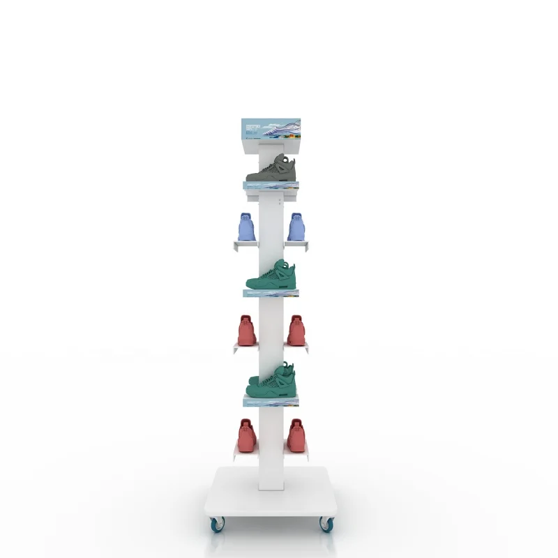 Custom. mobile wheels sneaker store fixtures metal multi ways floor rotating shoe display rack stand for shop