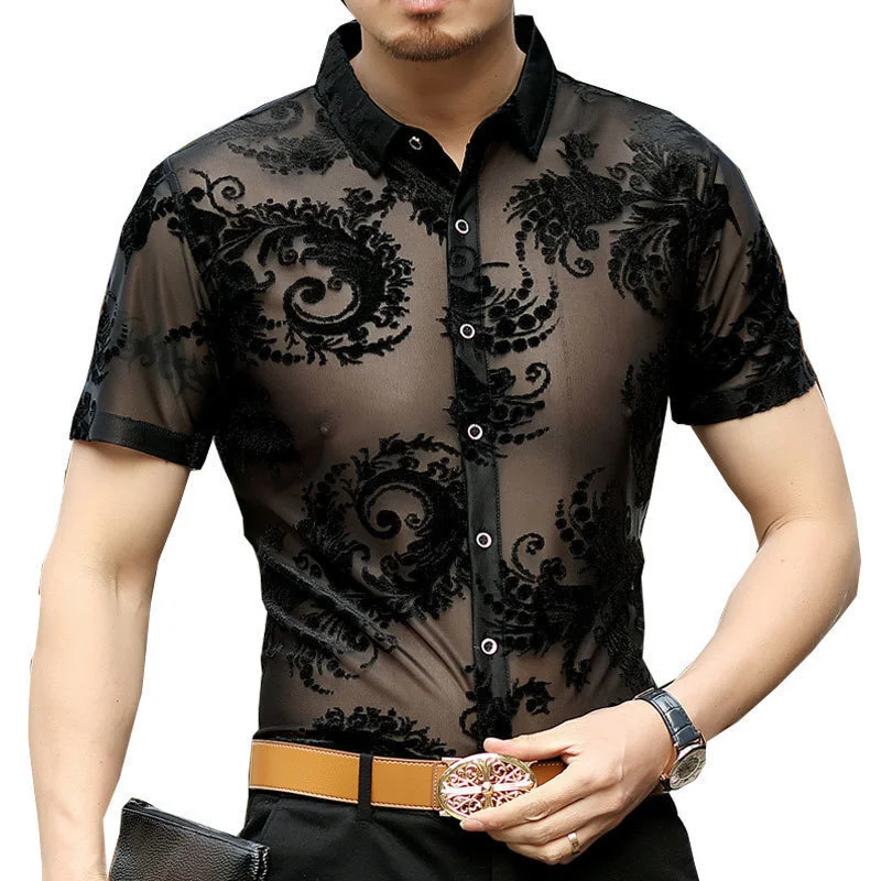 2019 New Short Sleeve Summer Sexy Prom Transparent Shirt Camisa Masculina Chemise Homme Flower See Through Shirt Paisley Pattern