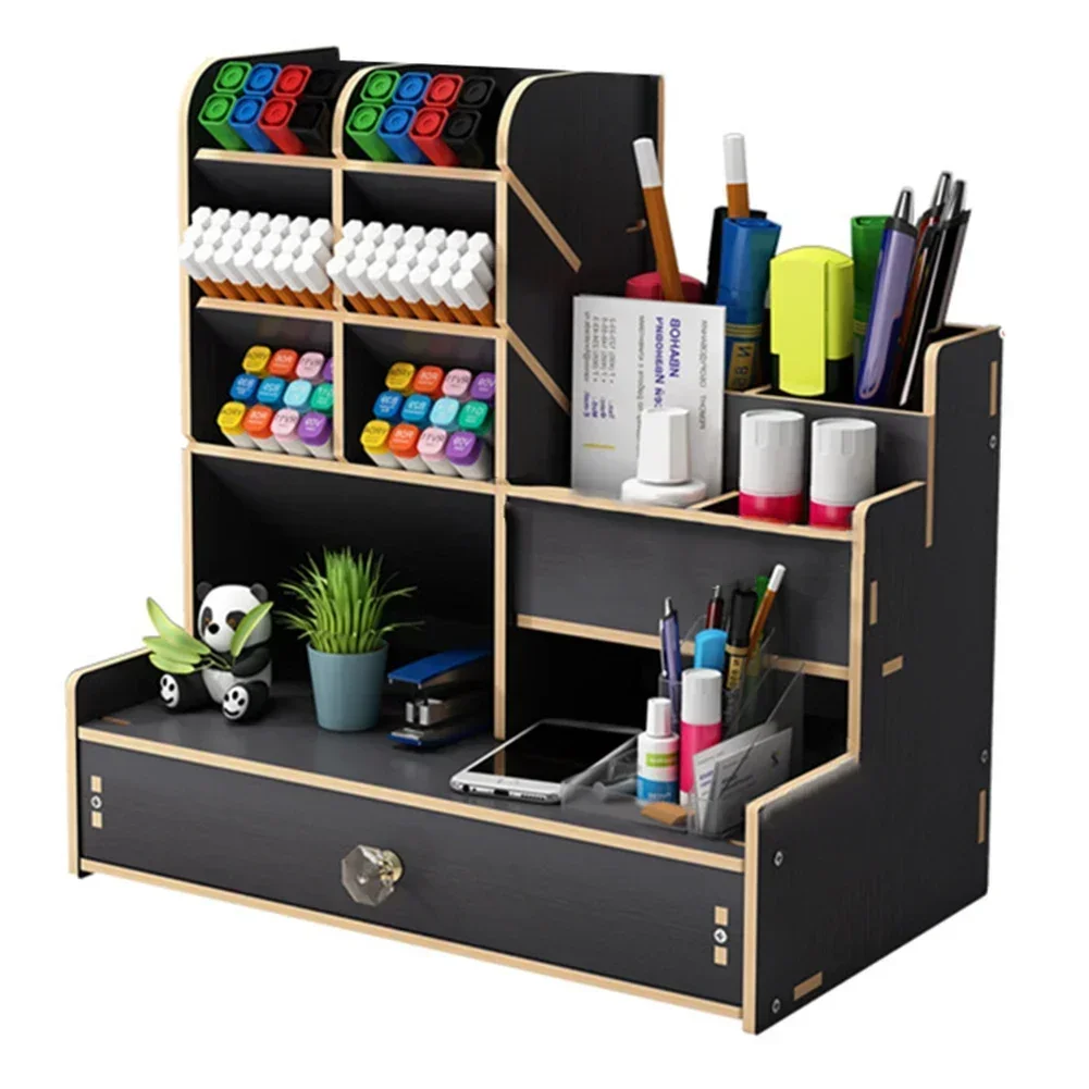 Wooden Desk Organizer Student Stationery Storage Box For Cosmetics School Office Home Large-Capacity Storage Pen Holder