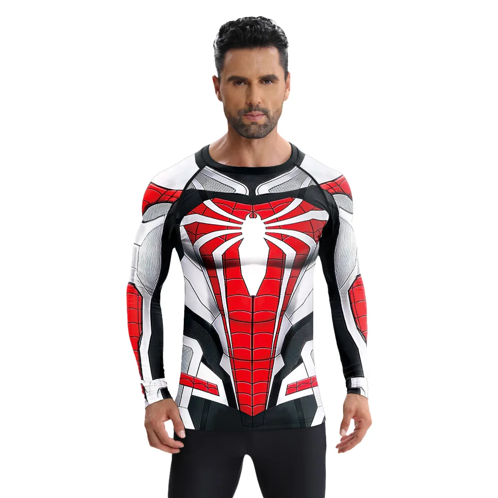 Disfraces de araña para hombre, camiseta para correr y Fitness, disfraz con estampado de araña de cómics, camisetas de manga larga, camisas de compresión, ropa deportiva