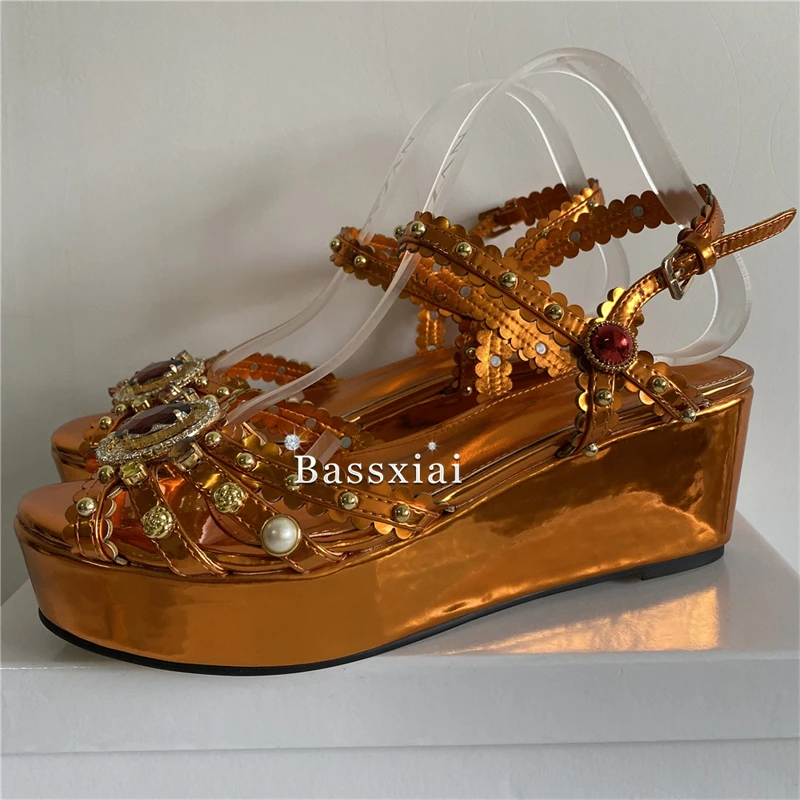 Luxury Rivet Beads Decor Modern Sandals Women Patent Leather High Wedges Platform Crystal Diamond Buckle Party Shoes Summer view 6
