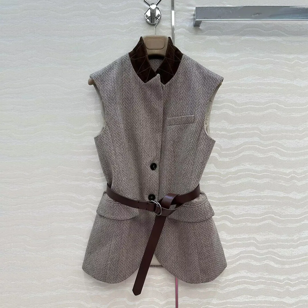 Old Money Style Office Lady Wool Blends Blazer Vest Women Suede Sheepskin Leather Notched Sleeveless Elegant Retro Tank Jacket