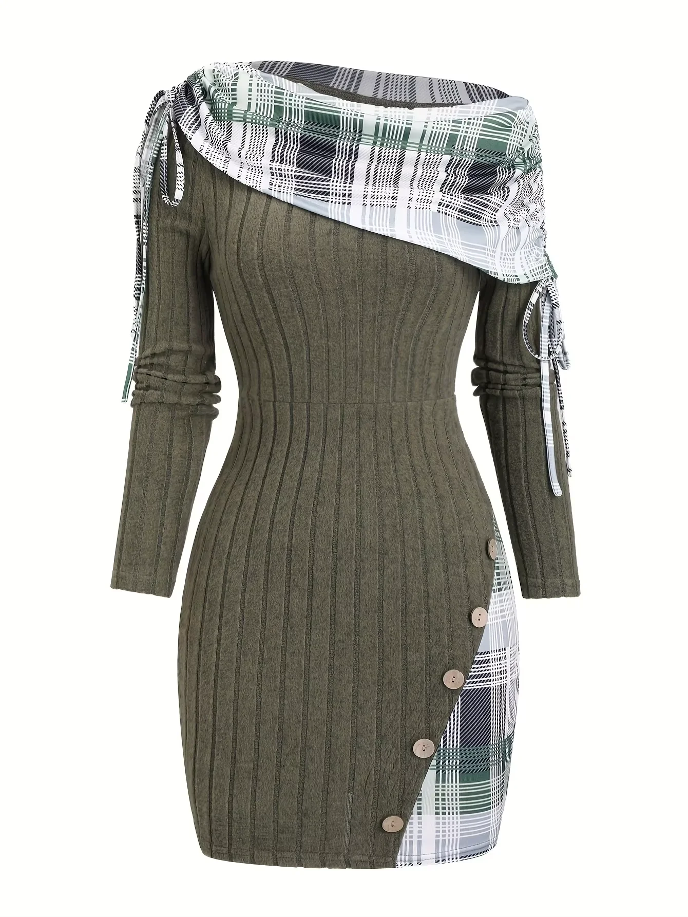 Schulterfreies, asymmetrisches Kleid mit Schachbrett-Patchwork, Taillenbetonung, künstlichen Knopfverzierungen und gerippter Strick