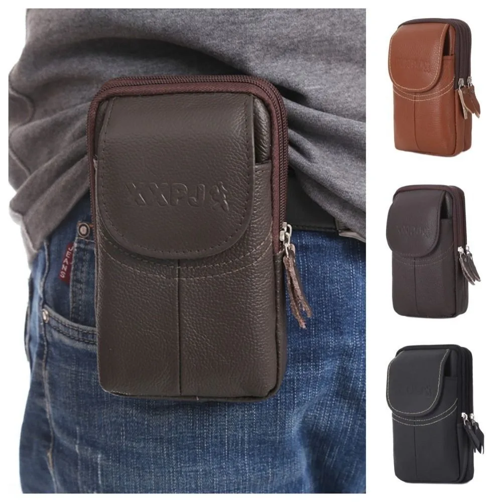 PU Leather Mobile Phone Pouch Multi-layer Solid Color Vertical Phone Belt Hanging Pouch Waterproof Leisure Belt Waist Bag