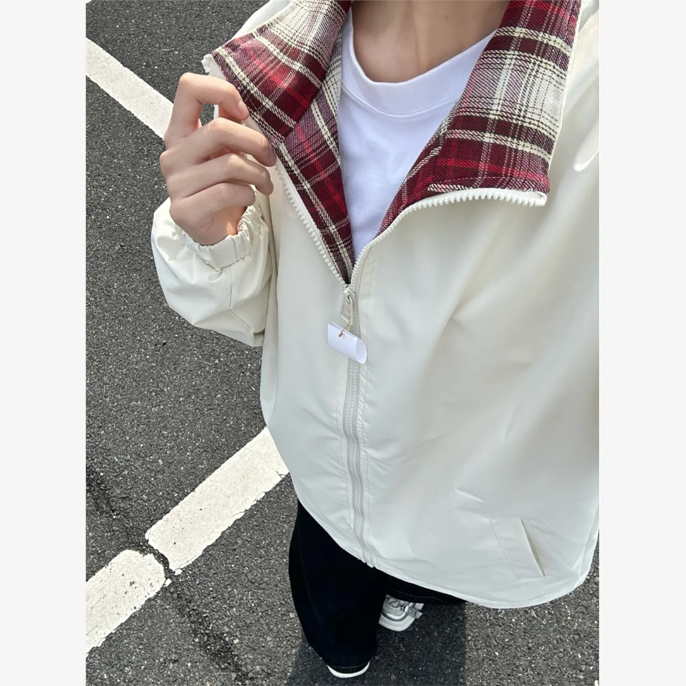 

Fitche Plaid Couple Jaets Men's Autumn Retro Design Hatl American Sle Collar Outerwear Loose Fit Zipper Decoration B...