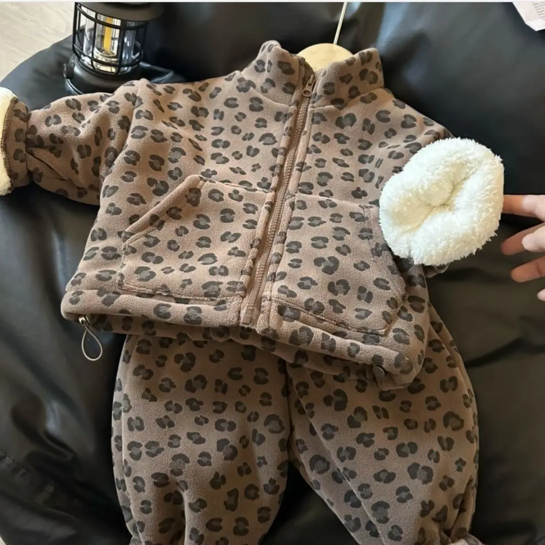 Children Cotton Clothes Winter Thick Boys Girls Jacket Plus Velvet Leopard print Coat+Pants 2Pcs Suits Warm Kids Snow coat