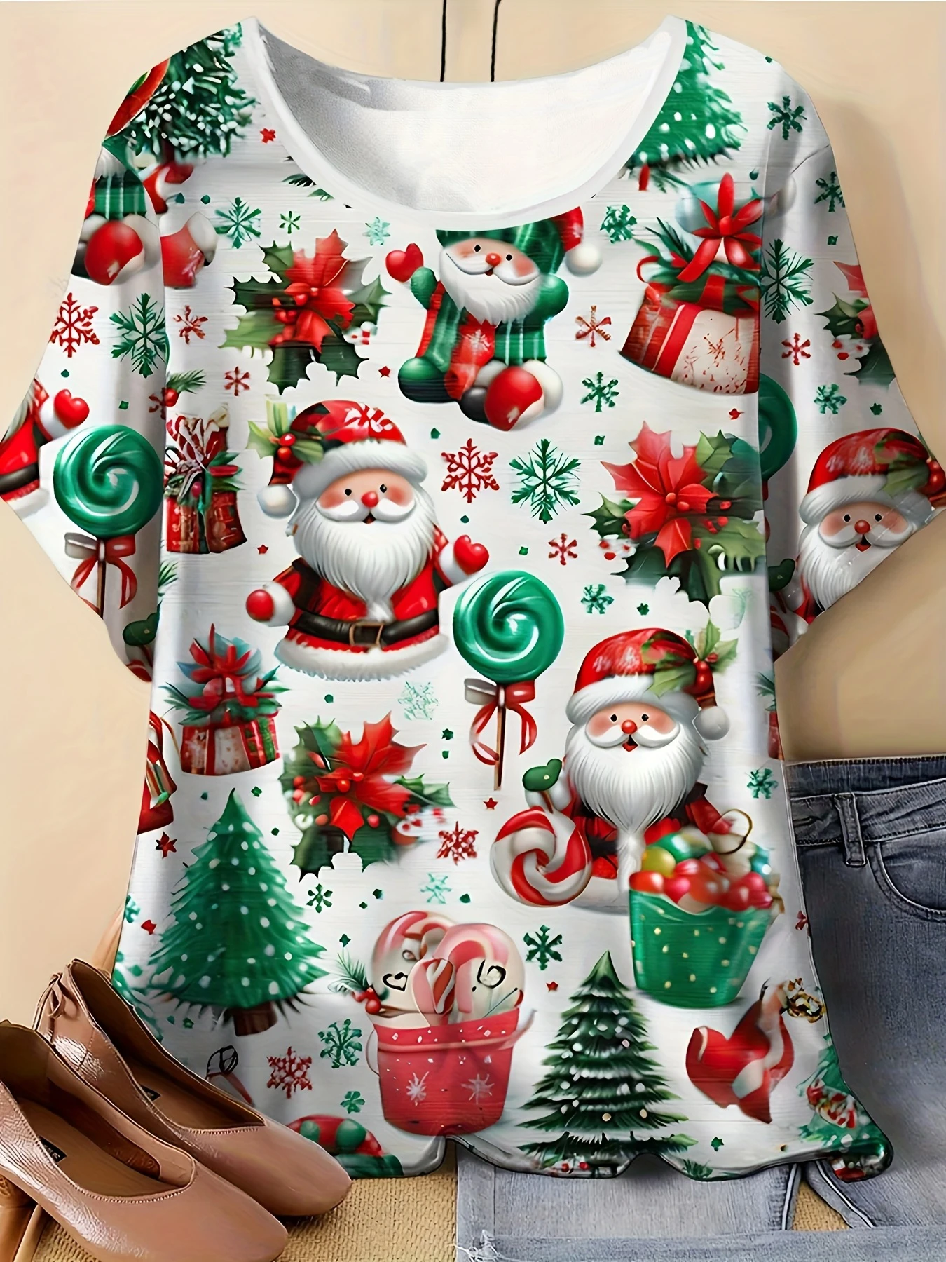  Women's Large Elegant Double-Sided Christmas Print T-Shirt Gingerbread Candy Canes Snowflakes Santa Claus Design Y2k Clothes