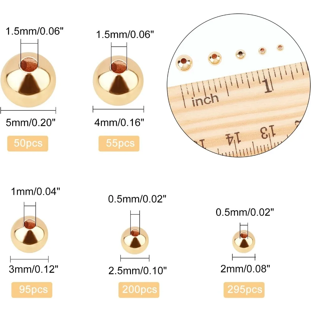 695 stücke 18 Karat Gold Abstand halter Perlen 5 Größen nahtlos glatt 1/2/2/3/4/5mm lose winzige Kugel Perlen kleine runde Abstands halter