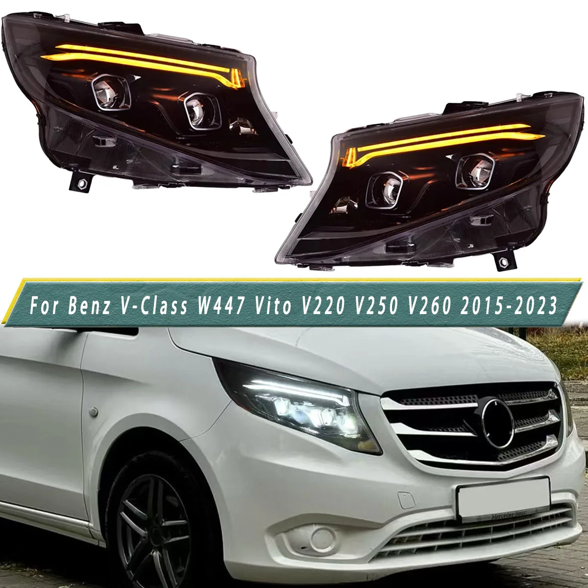 For Mercedes Benz Metris V-Class W447 Head lights  Vito V220 V250 Base Mini Cargo Van 4-Door 2015-2023 Front Head Lights