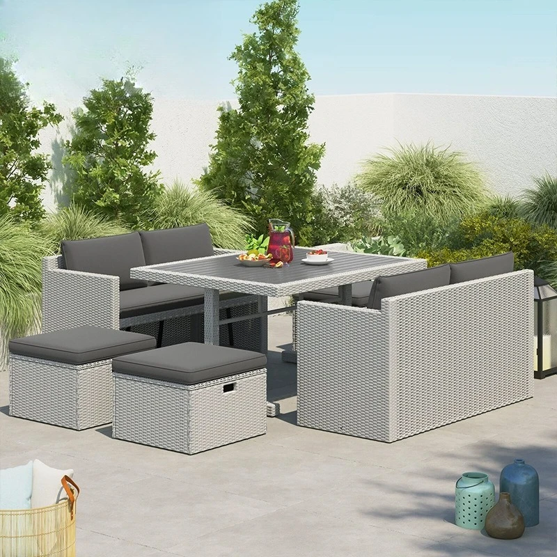 Villa courtyard table and chair rattan sofa combination outdoor waterproof sunscreen dining table and chair casual storage table
