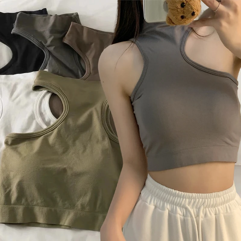 

One Shoulder Crop Tops Sleeveless Tops Bra Girl Soft Versatile Vest Bare Midriff Ladies Cotton Close Fitting Solid Color Clothes