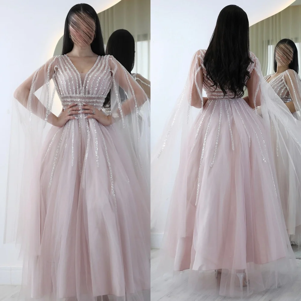 

Customized Formal Net Pleat Sequined A-line V-neck Midi Dresses Bespoke Occasion High Quality Exquisite Sexy