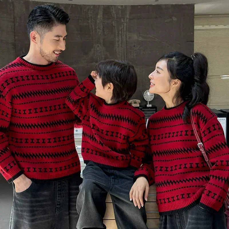 Ano novo família vermelho camisola de natal inverno pai-filho malha manga longa jumper mãe pai filho filha roupas combinando