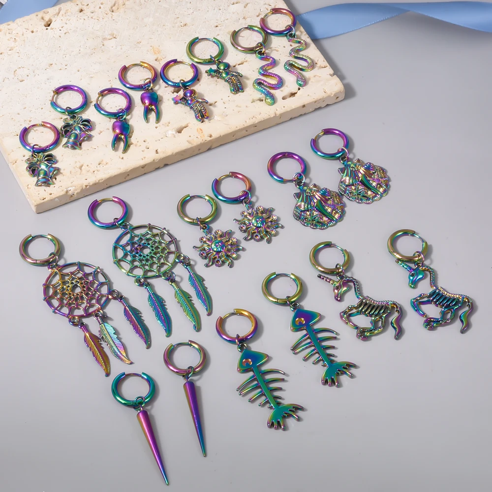 1/10pair Multistyle Rainbow Ear Jewelry Stainless Steel Hoops Fashion Alloy Snake Sun Dream Catcher Charm Earrings For Women Men