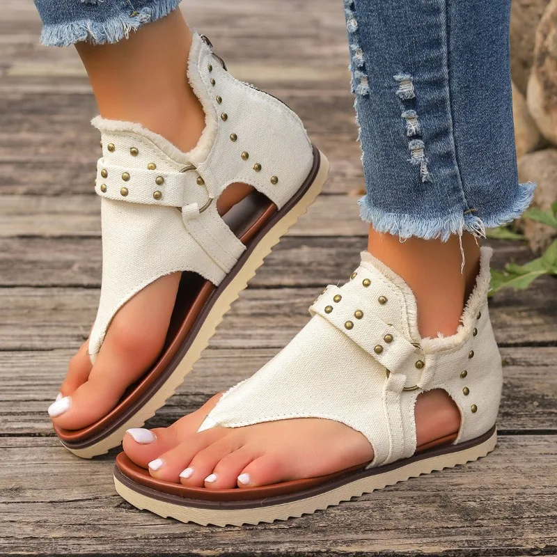 

Women's Cool Boots 2026Summer Open-toe Pinch Toe Cool Boots Retro Rivet Back Zipper Roman Sandals Outdoor Non Slip Flat Sandals
