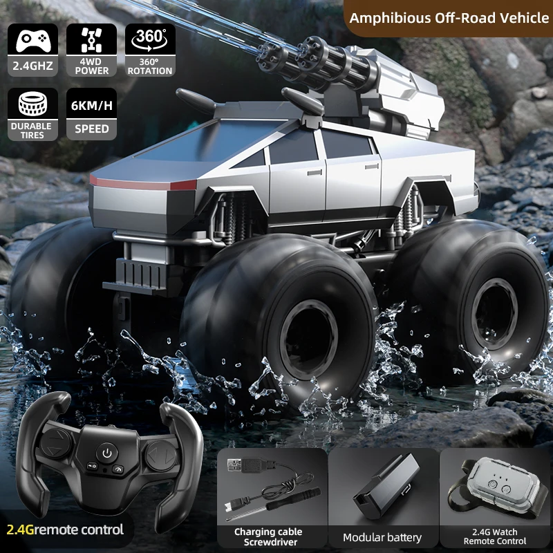 Q213 RC 4WD Pick-up Amphibious Car With Lights 360 Rotation Kids Toys Remote Control  Water Cannon Vehicle Boys Christmas Gifts