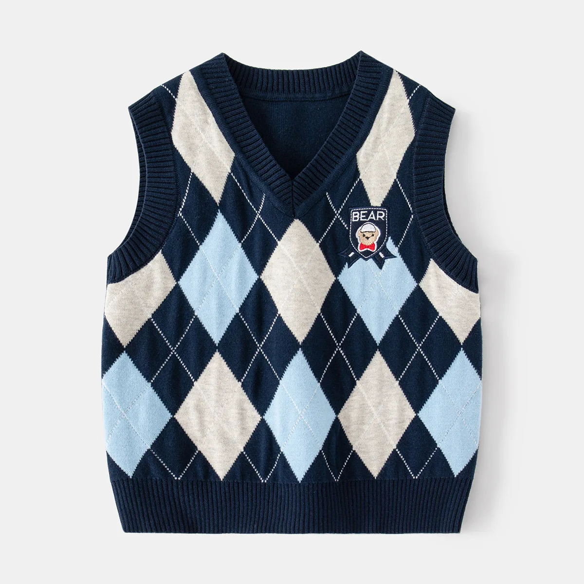 Boys\' Fashion Embroidered Cartoon V-Neck Knitted Vest Spring Autumn Diamond Plaid Sleeveless Sweater Top for Kids, Ages 2-7