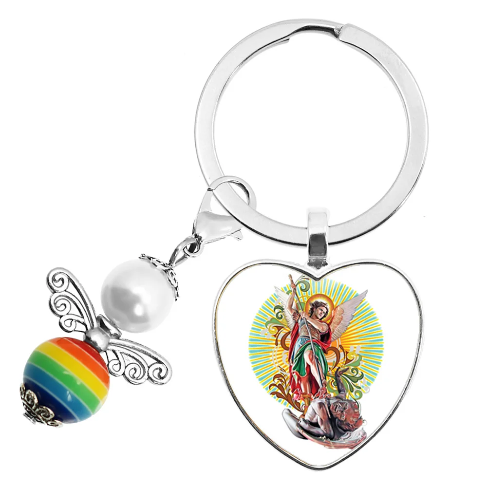 Popular Peach Heart Keychain Archangel St.Michael Protect Me Saint Shield Protection Charm Russian Keyrings Jewelry For Holy