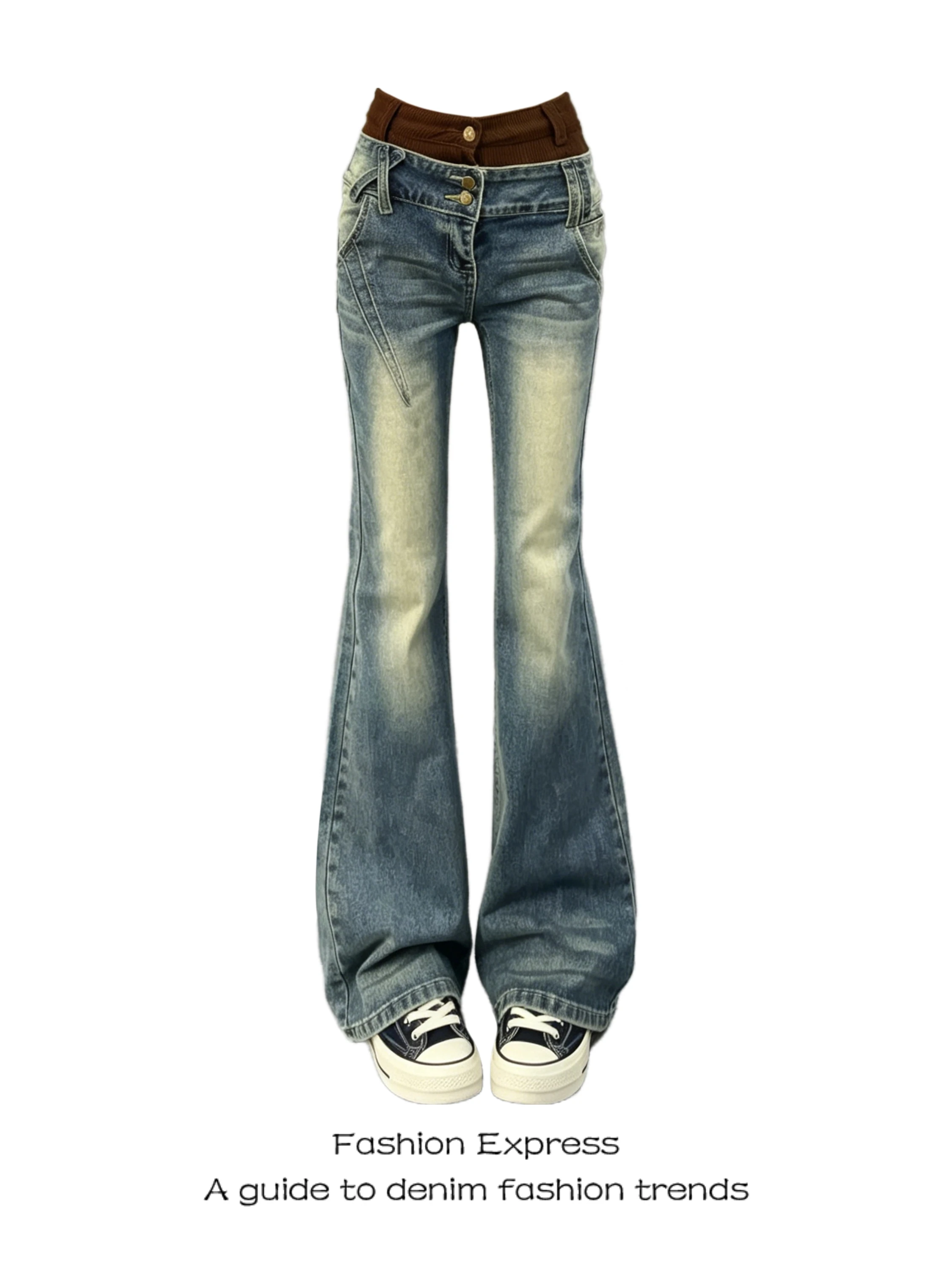 

Slim Fit Low Waist Bell Bottom Jeans Women's Design Double Waist Straight Leg Trendy Casual Wear Resistant All Seasons