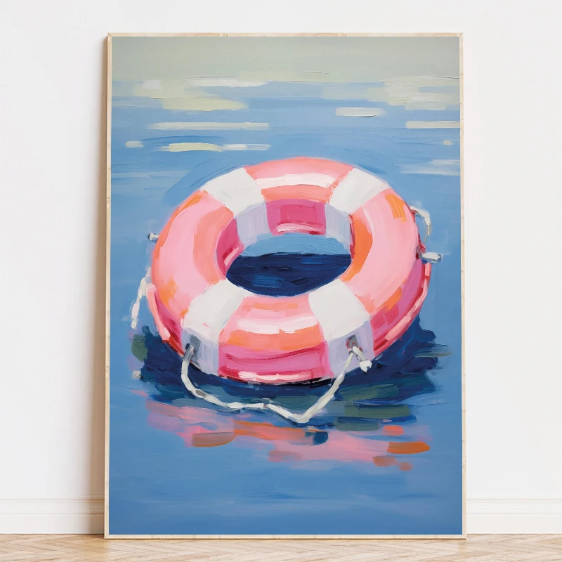 Colorful Pool Float Lifebuoy Palm Tree Painting Posters Canvas Printing Modern Wall Art Picture for Beach House Home Decor Gifts