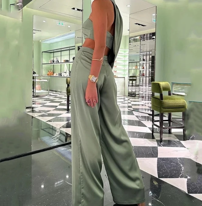 2024 Women's Fashion Elegant Hanging Neck Oblique Shoulder Bra Sexy Open Navel Wide Leg Pants Set