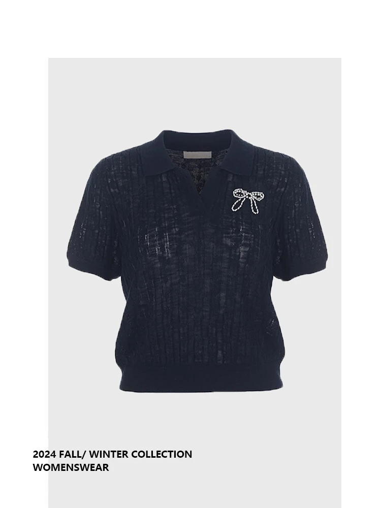 

Forever 2 Navy Blue Linen Knitted ort Sve Top Women's Faionable Simple Sle Summer New Arrival Straight Cut Hig...