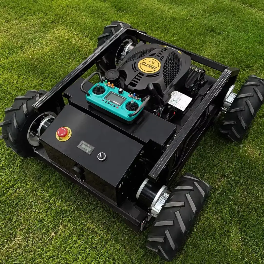 Robot tondeuse à gazon RC robuste sur roues avec moteur puissant 4 temps, tout-terrain, capable de grimper les pentes, radiocommandé pour l'agriculture et les jardins