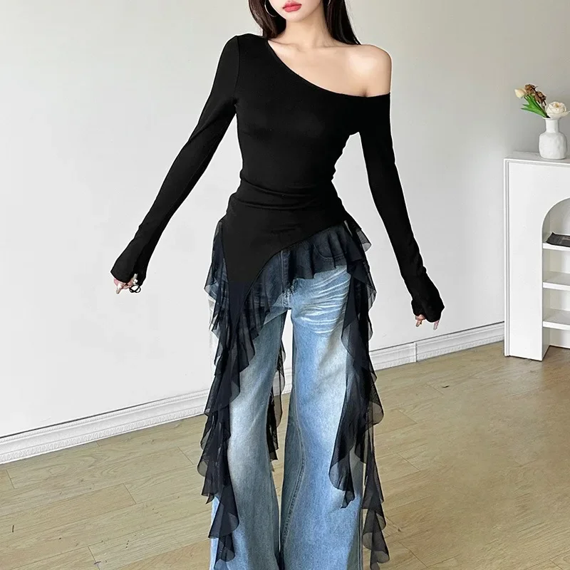 Slanted Neck Harajuku Women Long Sleeve T-shirts Solid Slim Fit Grunge Tops Women Y2k Aesthetic Irregular Ruffled Spring Tees