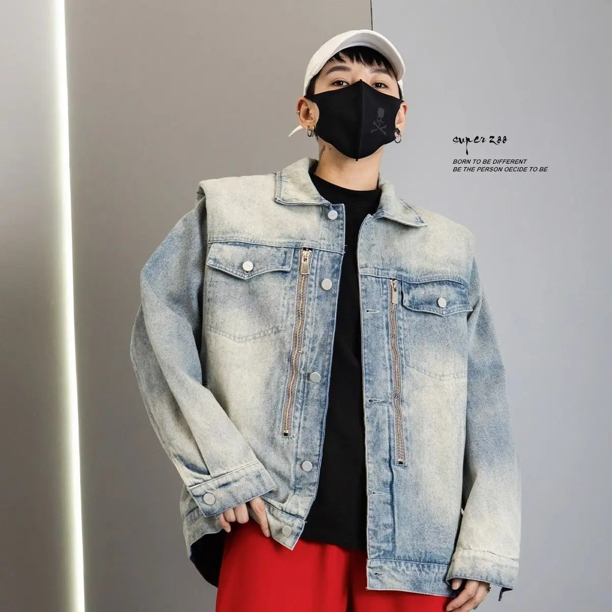 

plus Size 300 Pounds Washed Denim Jacket Unisex Spring Autumn Flip Collar Padded Shoulder Loose Fit Zipper Decorated Windproof