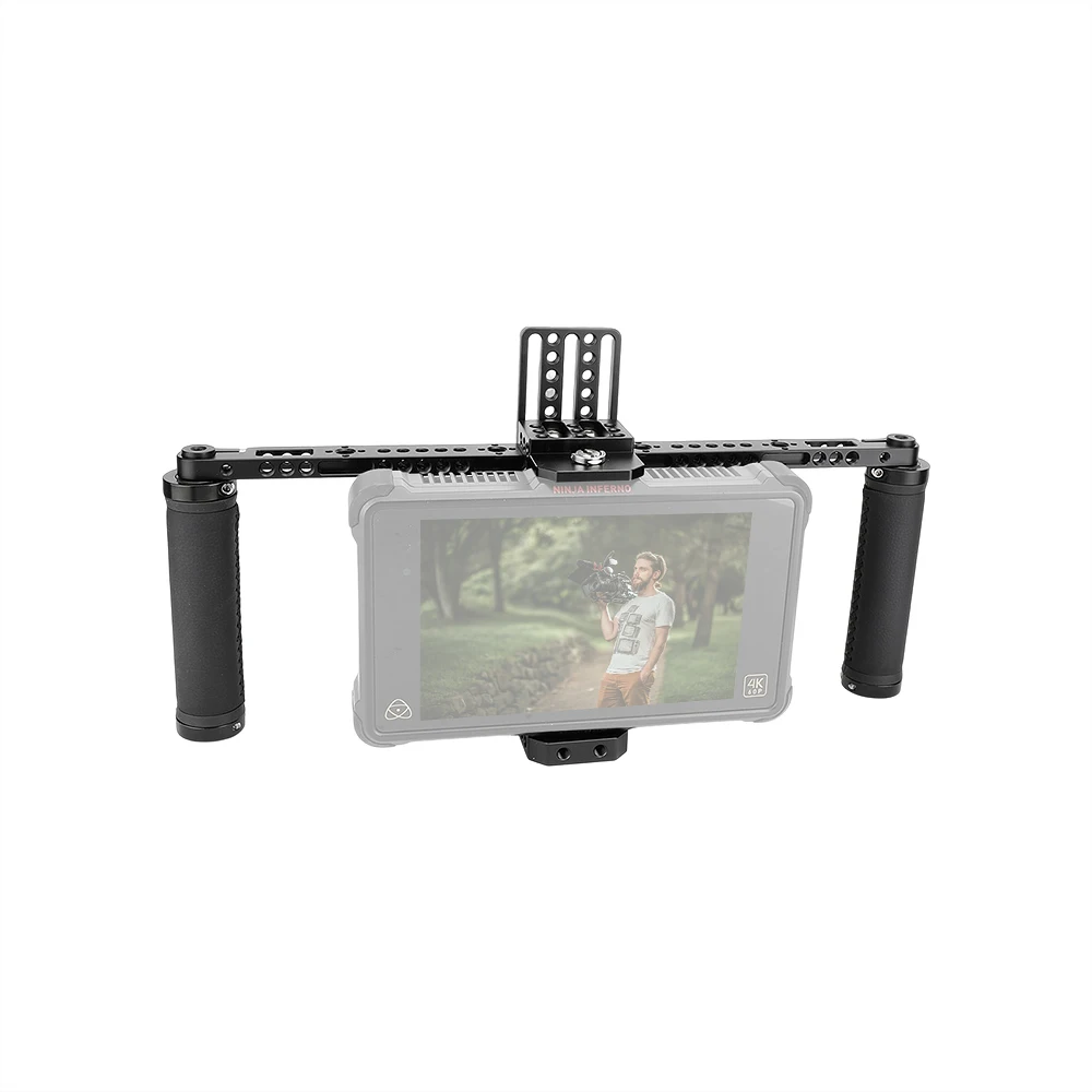 HDRig Camera Kit de jaula para monitor de 7 "con empuñadura doble, placa base doble y barra de queso de 370 mm para montaje en plataforma de jaula para monitor