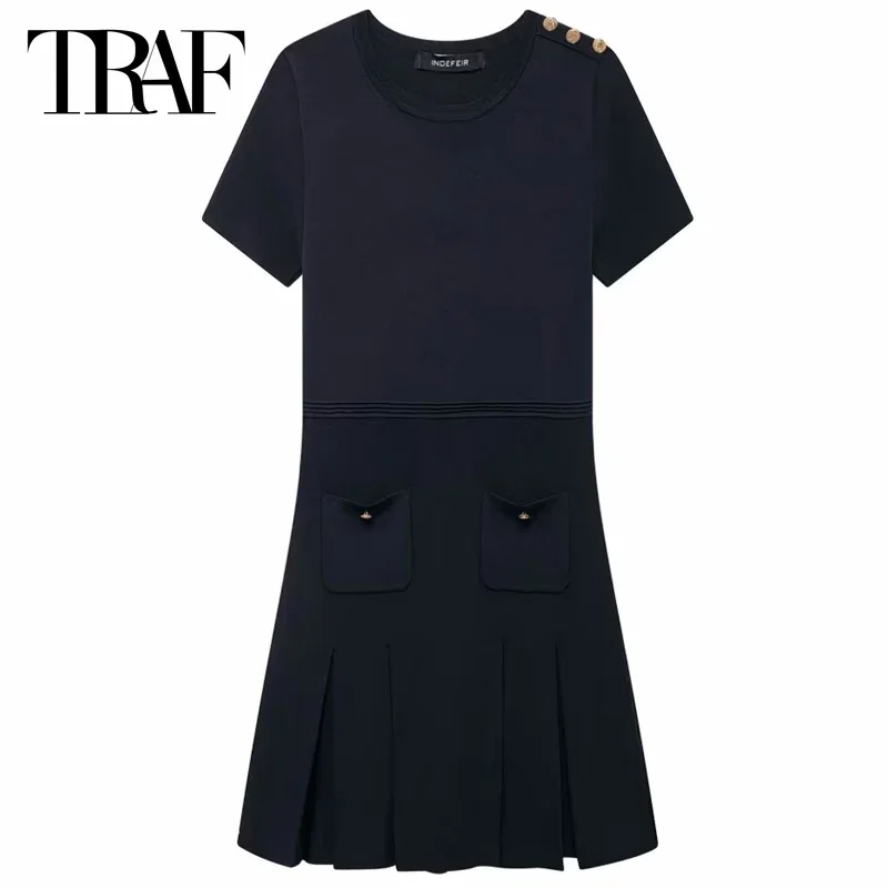 TRAF Women's Dress Knit Pleated Dresses Summer Autumn Mini O-Neck Button Dress Short Sleeve Blue Vestidos Casual Vacation Dress